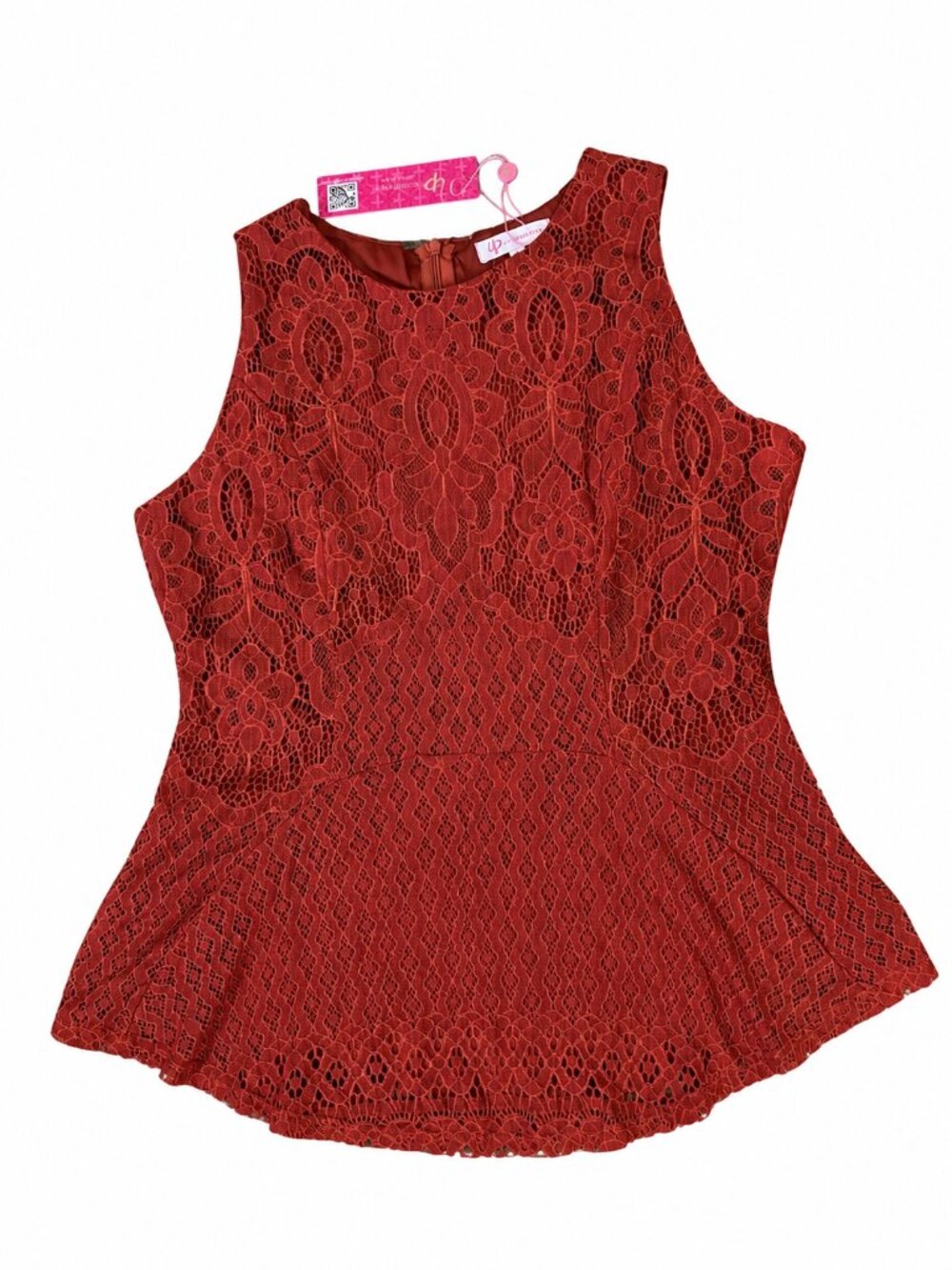 Elegant Brick Brown Lace Peplum Top Flowy Hem Back Zipper Size L NWT - Picture 4 of 4